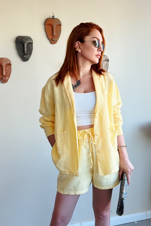 Sarı Cepli Keten Şort Ceket Takım
