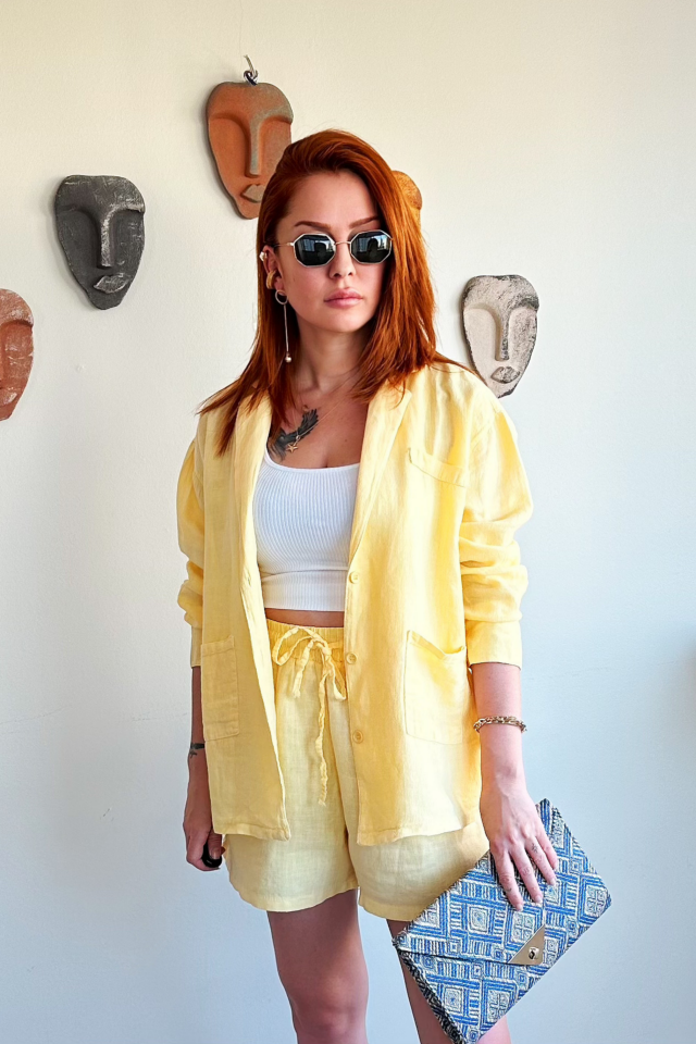 Sarı Cepli Keten Şort Ceket Takım