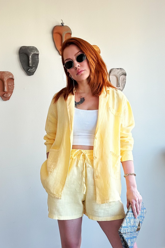 Sarı Cepli Keten Şort Ceket Takım