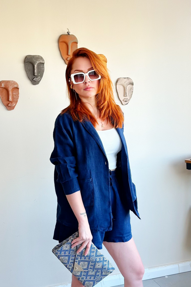 Lacivert Cepli Keten Şort Ceket Takım