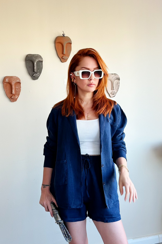 Lacivert Cepli Keten Şort Ceket Takım