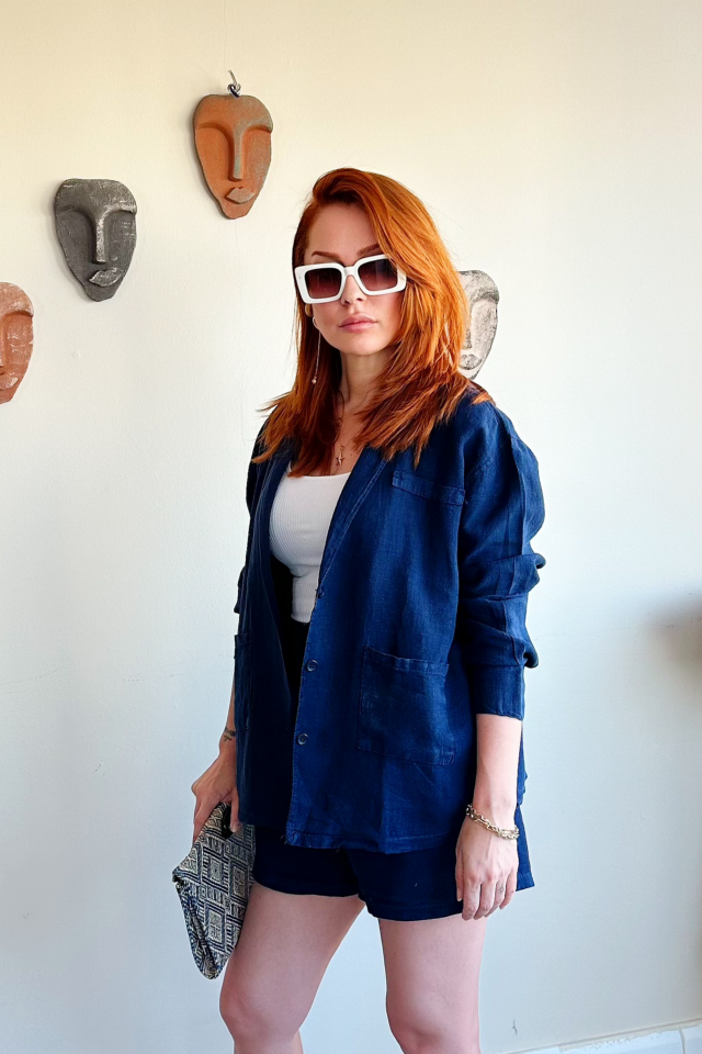 Lacivert Cepli Keten Şort Ceket Takım