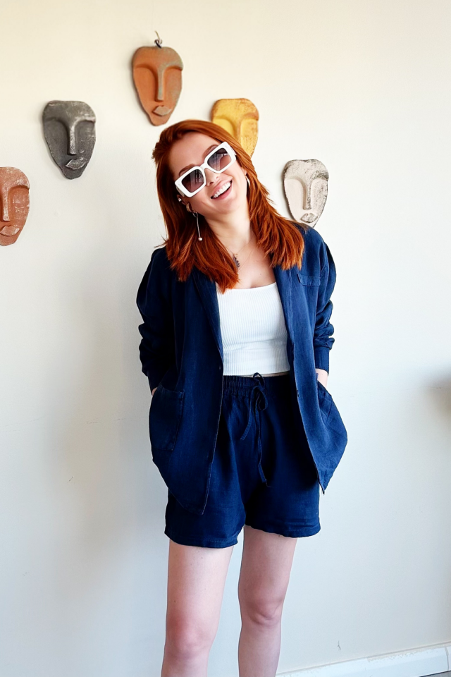 Lacivert Cepli Keten Şort Ceket Takım