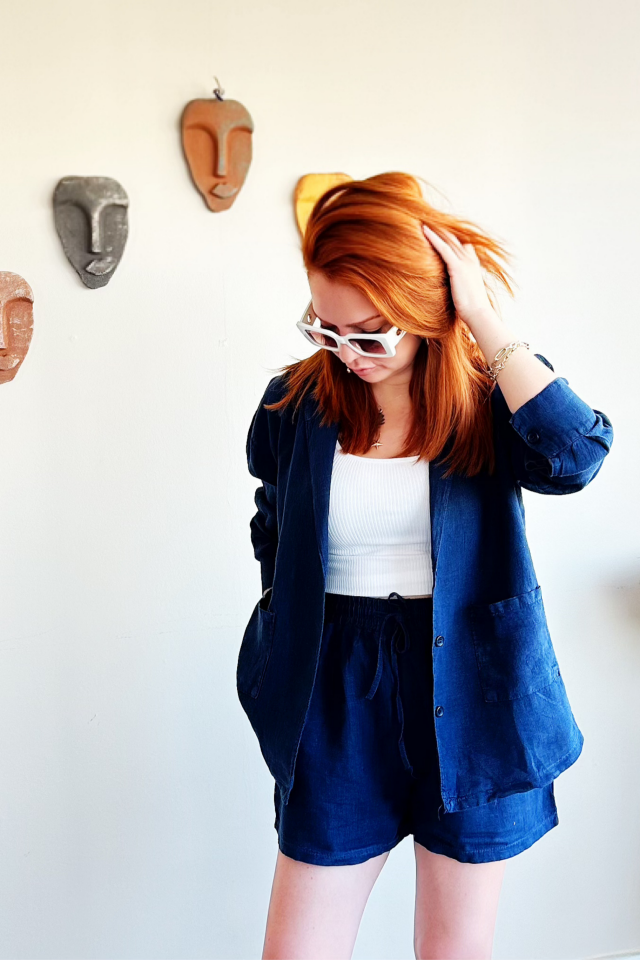 Lacivert Cepli Keten Şort Ceket Takım