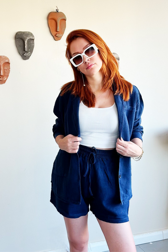 Lacivert Cepli Keten Şort Ceket Takım