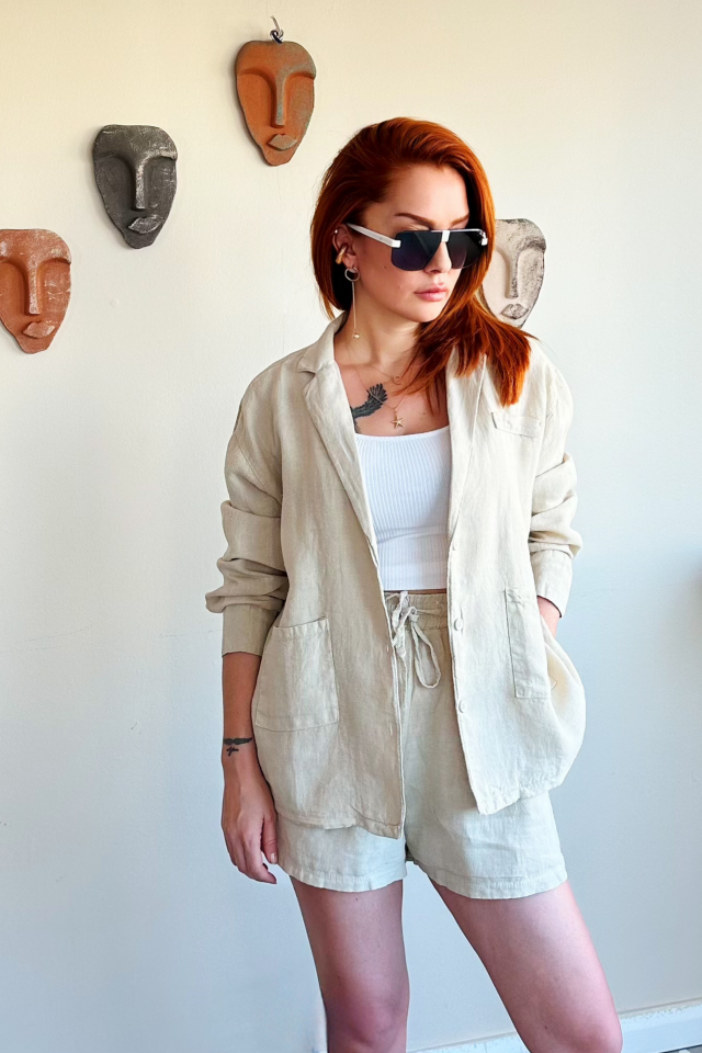 Bej Cepli Keten Şort Ceket Takım
