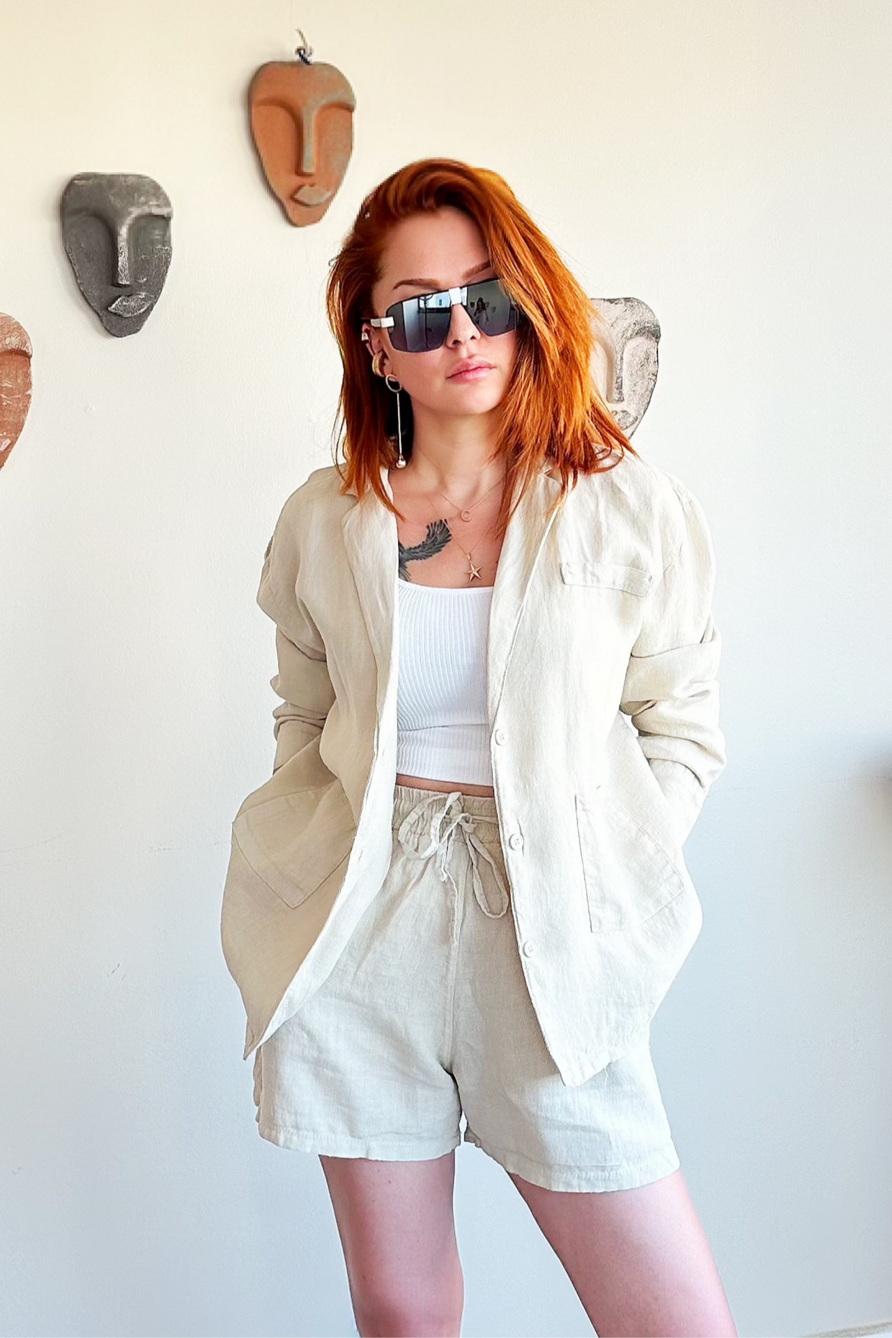 Bej Cepli Keten Şort Ceket Takım