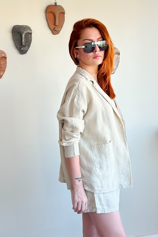 Bej Cepli Keten Şort Ceket Takım