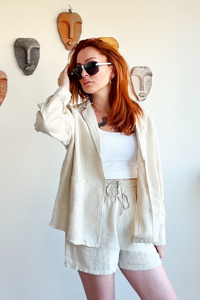 Bej Cepli Keten Şort Ceket Takım