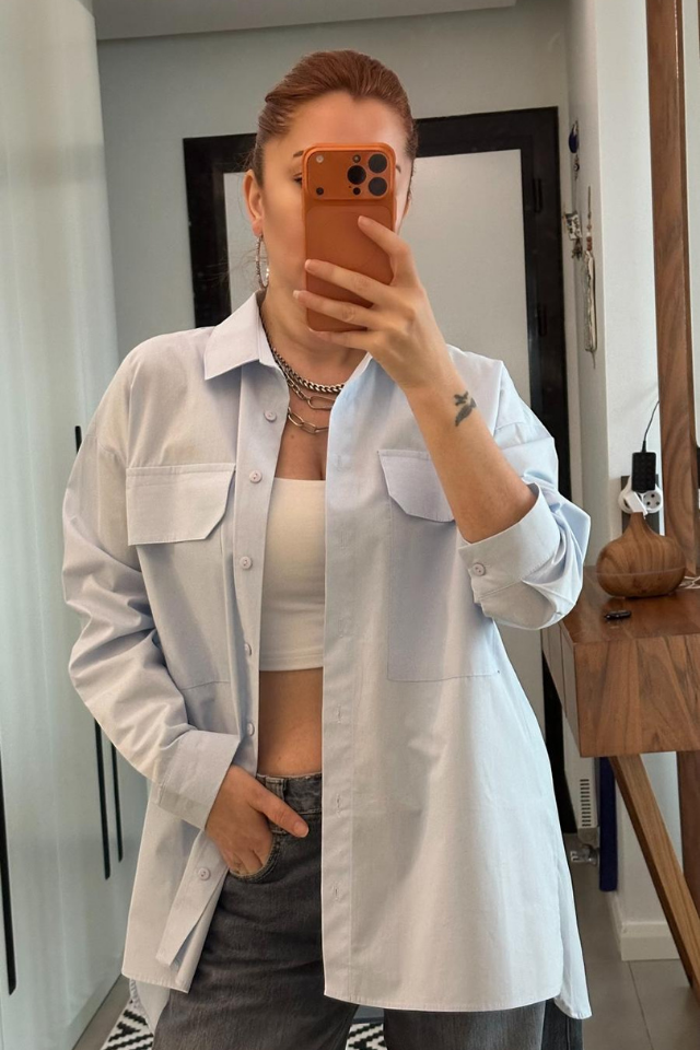 Açık Mavi Çift Cepli Oversize Gömlek