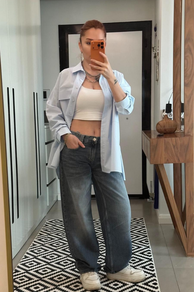 Açık Mavi Çift Cepli Oversize Gömlek