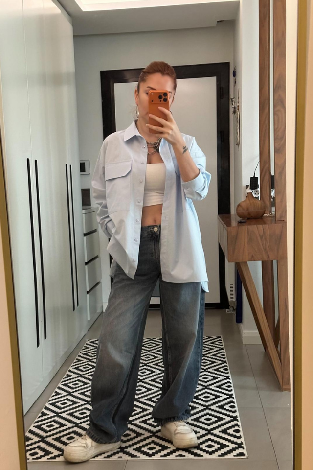Açık Mavi Çift Cepli Oversize Gömlek