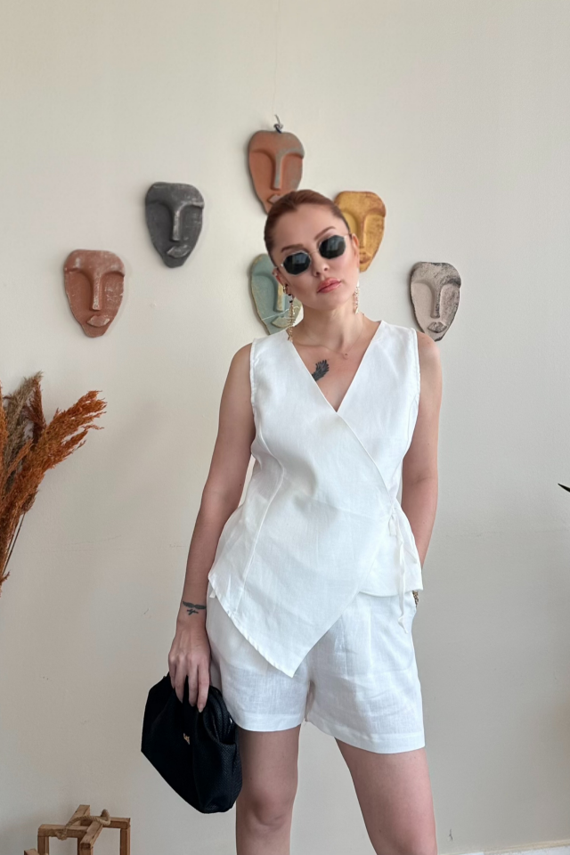 Beyaz Keten Yelek Şort Takım