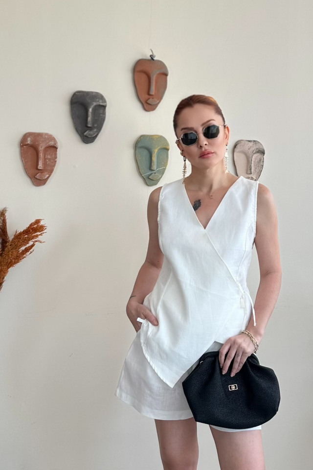 Beyaz Keten Yelek Şort Takım