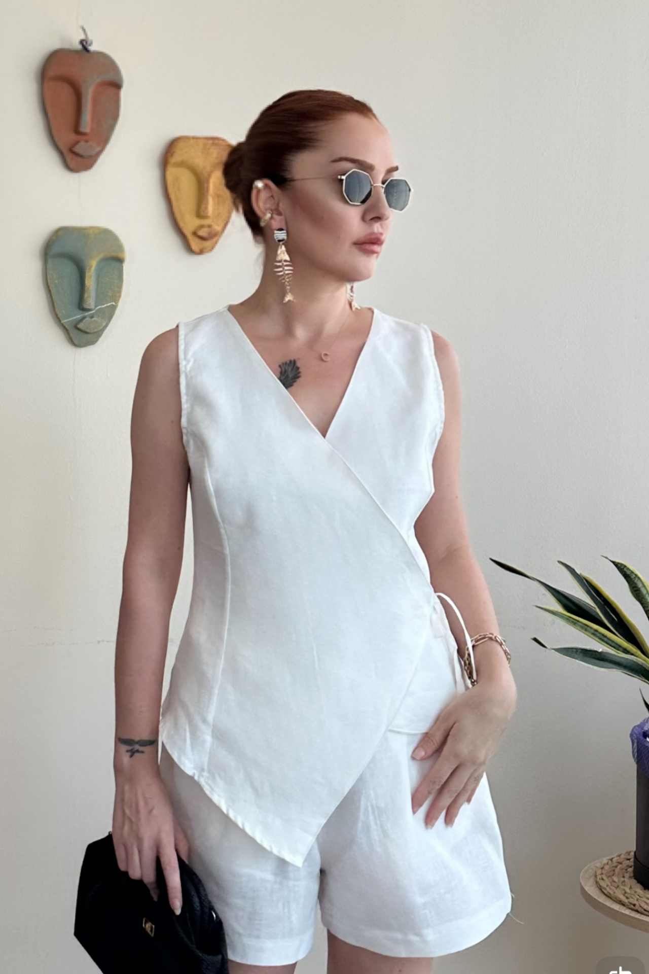 Beyaz Keten Yelek Şort Takım