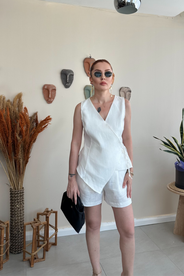 Beyaz Keten Yelek Şort Takım