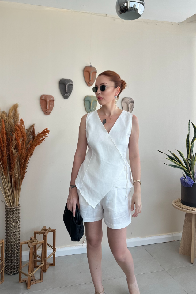 Beyaz Keten Yelek Şort Takım