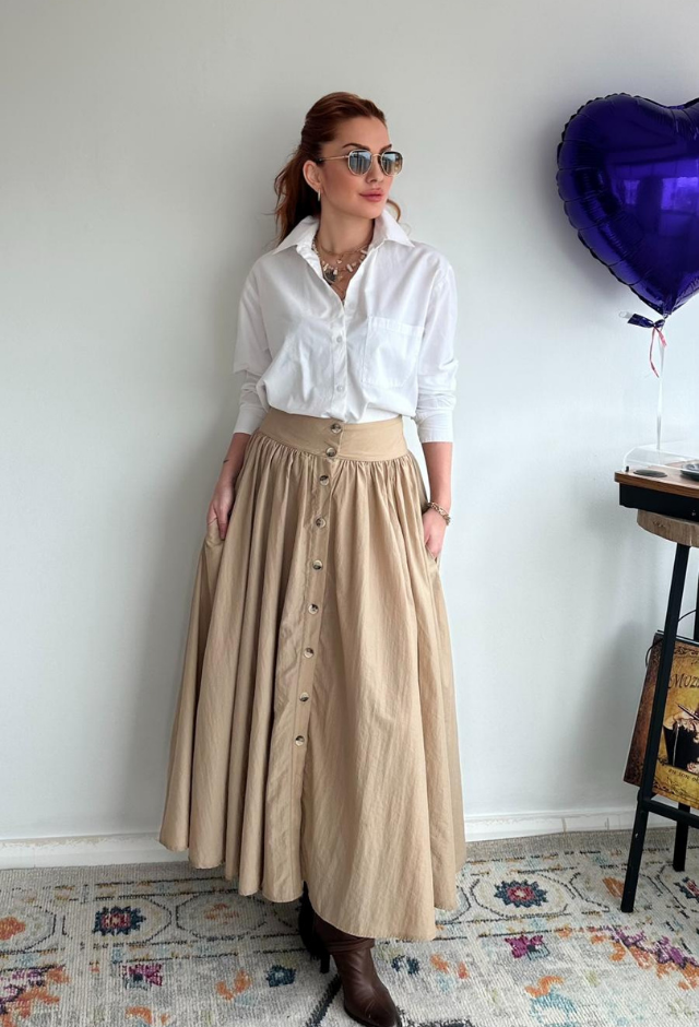 Önden Düğmeli Büzgülü Etek