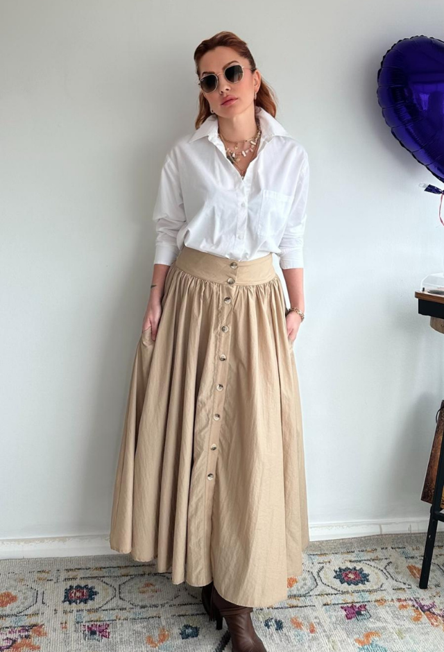 Önden Düğmeli Büzgülü Etek