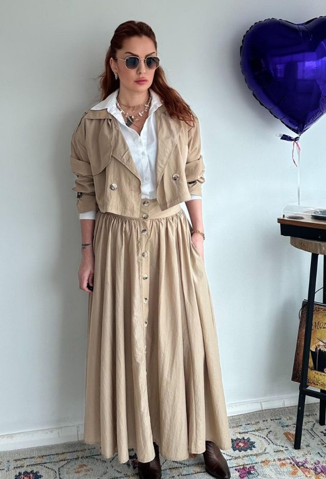 Önden Düğmeli Büzgülü Etek