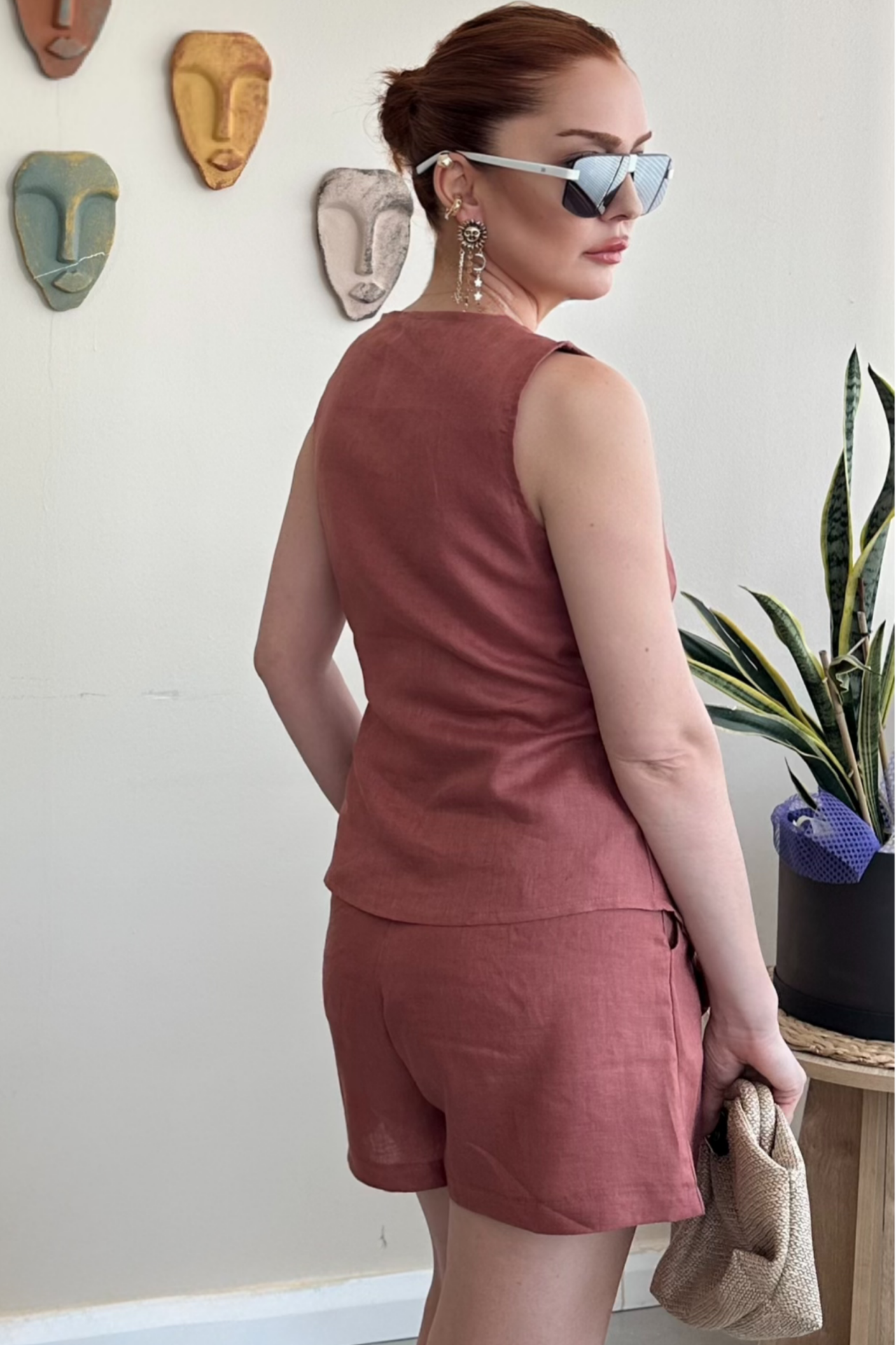 Kiremit Keten Yelek Şort Takım