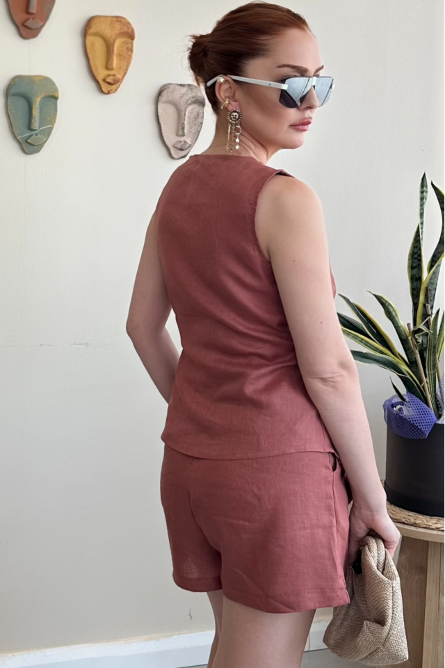 Kiremit Keten Yelek Şort Takım