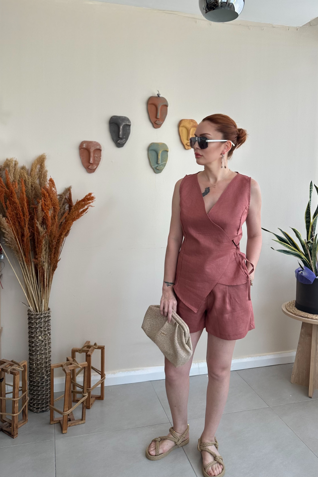 Kiremit Keten Yelek Şort Takım