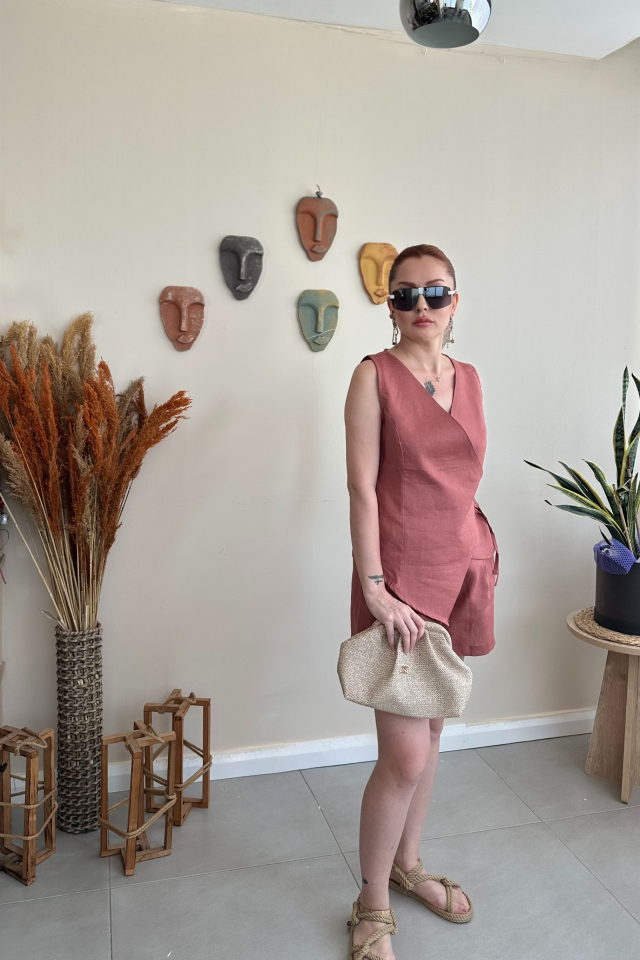 Kiremit Keten Yelek Şort Takım