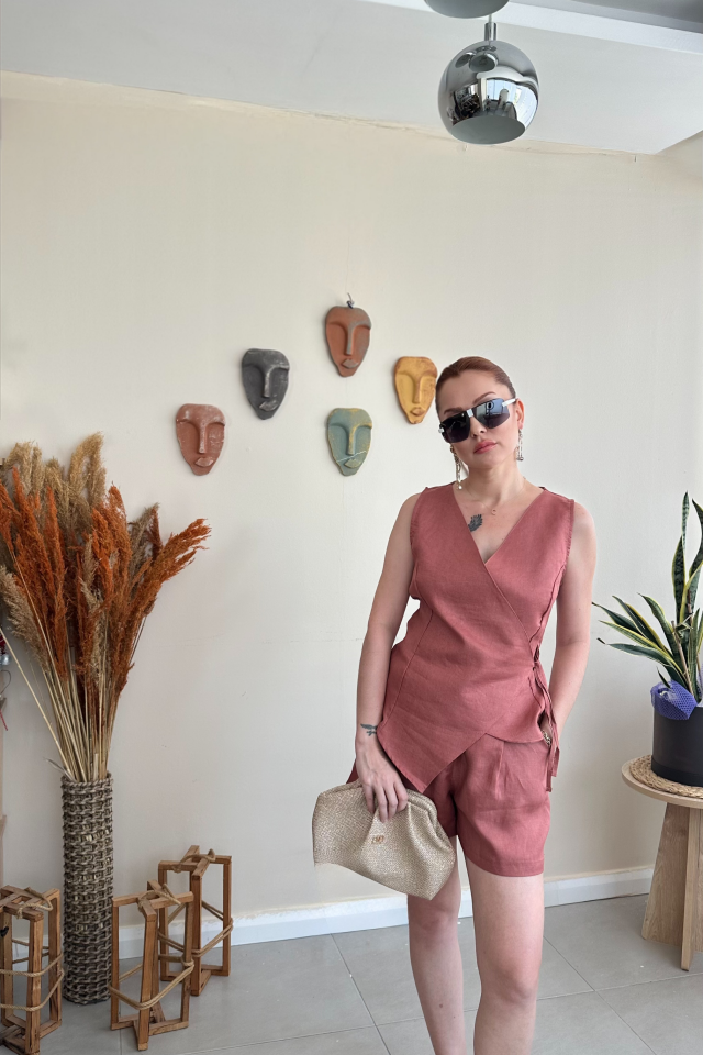 Kiremit Keten Yelek Şort Takım