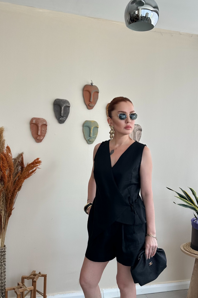 Siyah Keten  Yelek Şort Takım