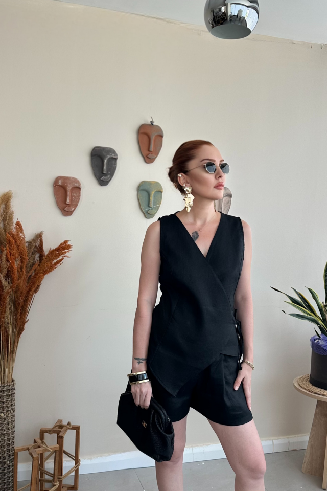 Siyah Keten  Yelek Şort Takım