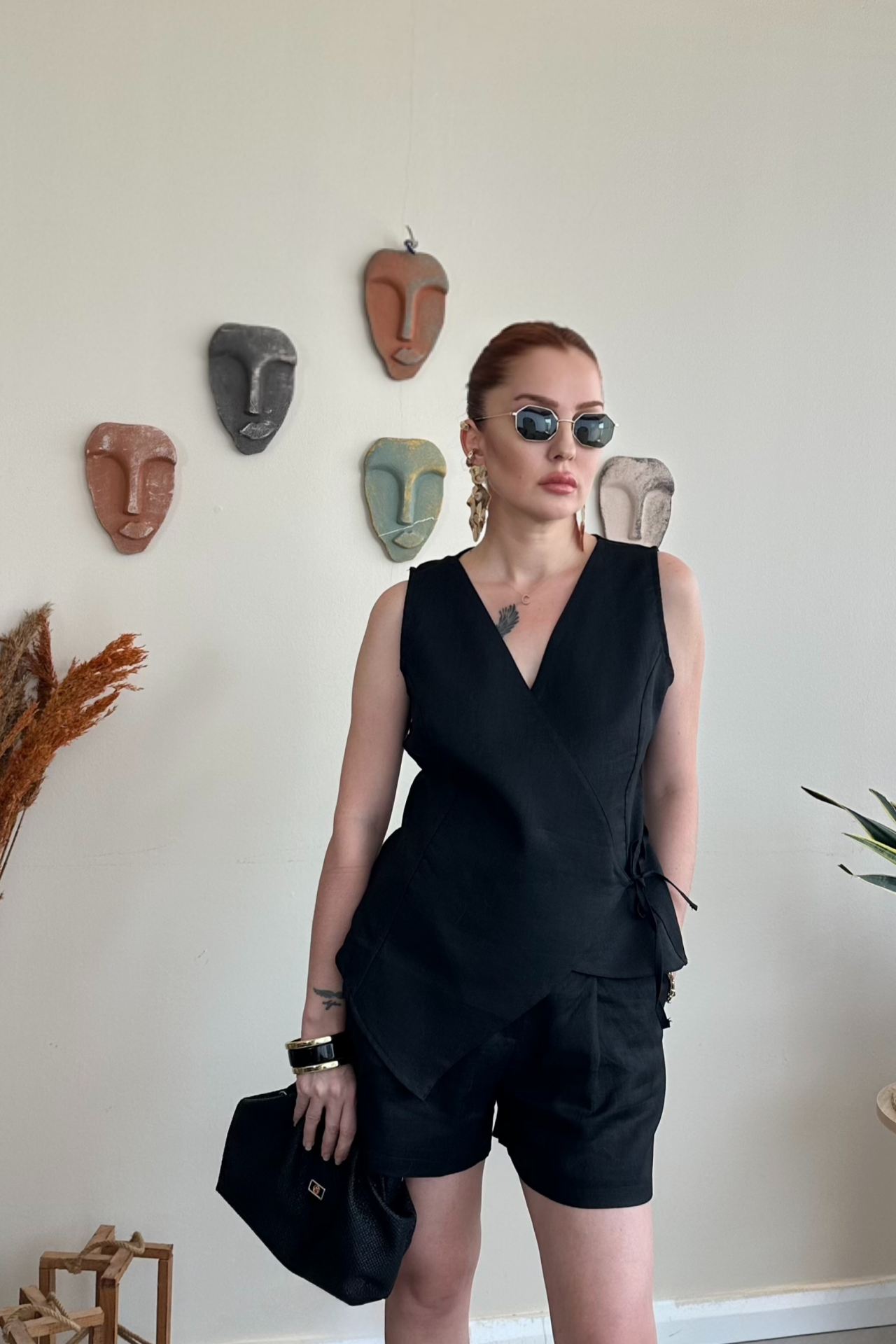 Siyah Keten  Yelek Şort Takım