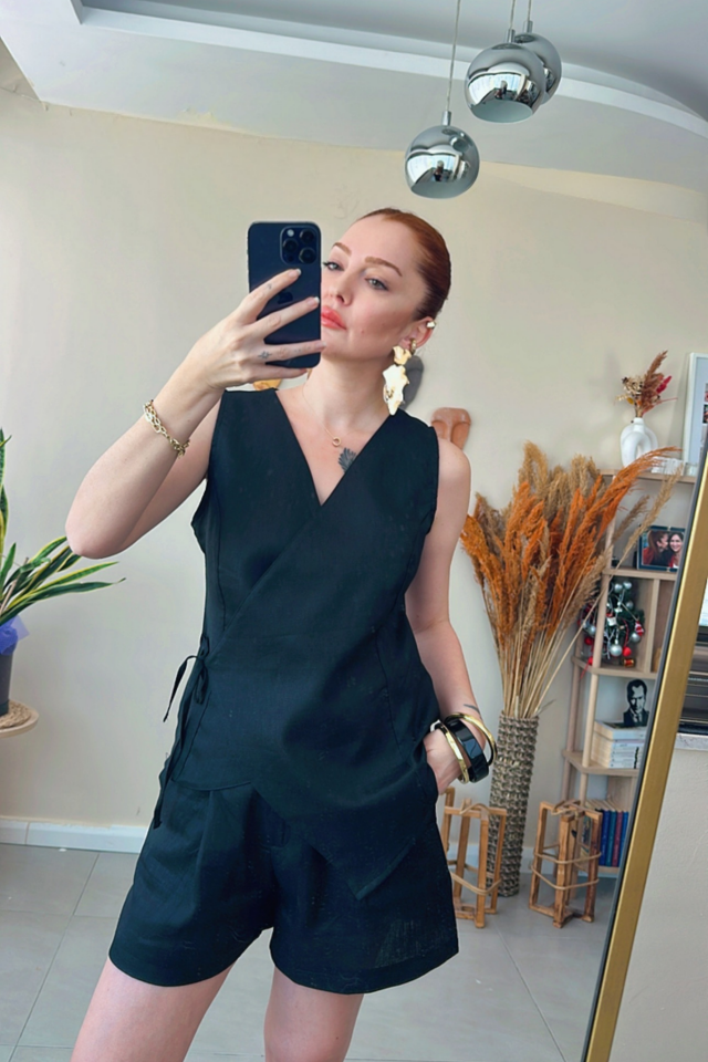 Siyah Keten  Yelek Şort Takım