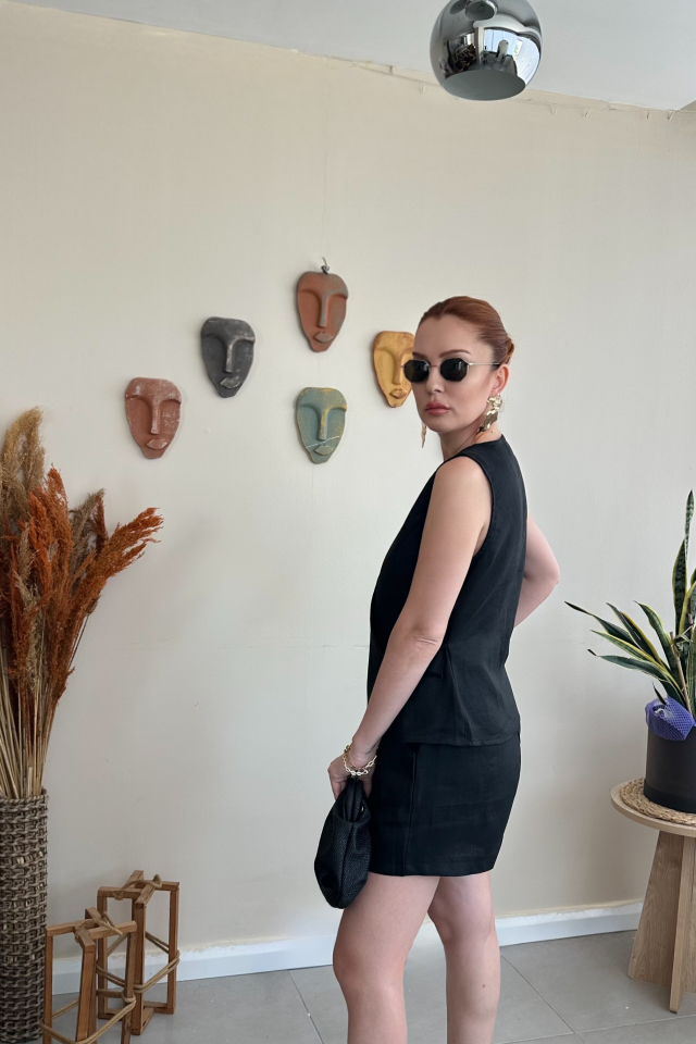 Siyah Keten  Yelek Şort Takım