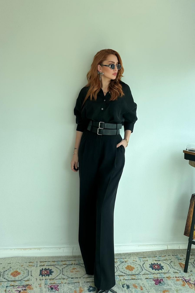 Çift Kemerli Palazzo Pantolon Siyah