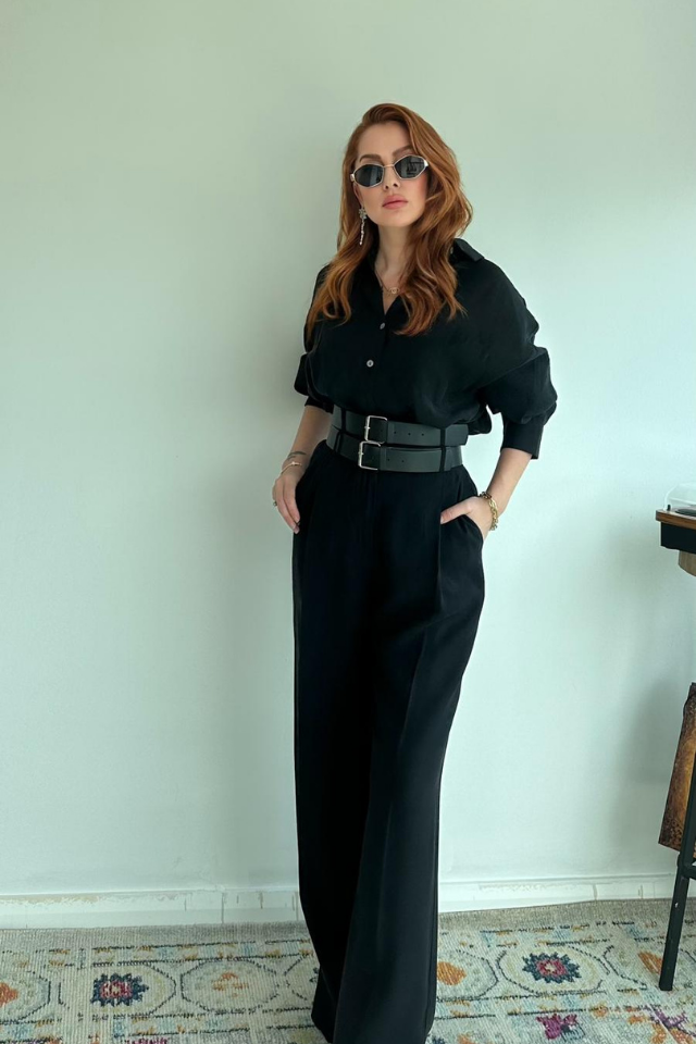 Çift Kemerli Palazzo Pantolon Siyah