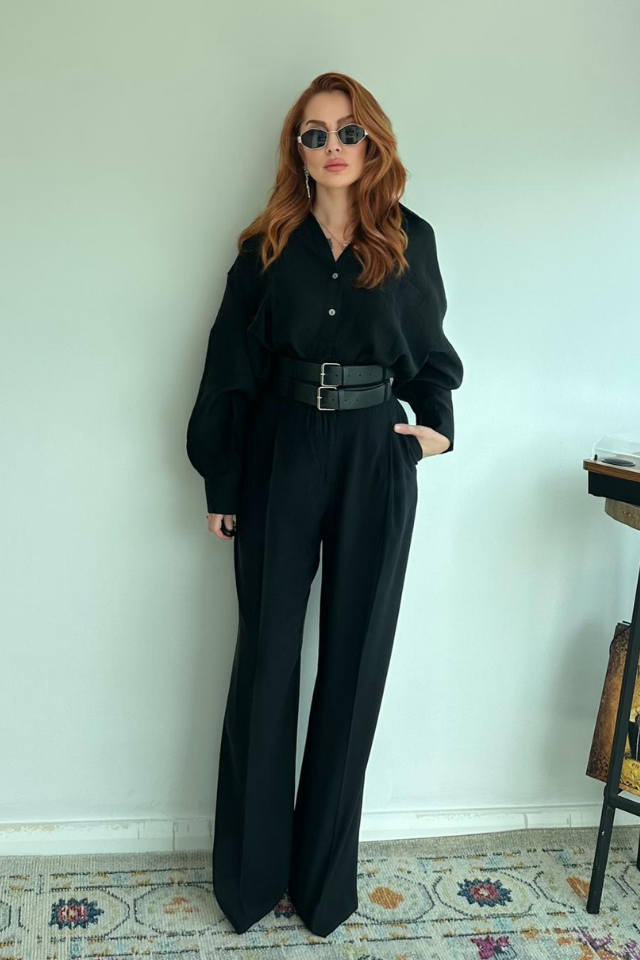 Çift Kemerli Palazzo Pantolon Siyah