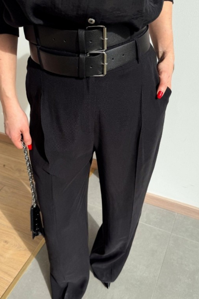 Çift Kemerli Palazzo Pantolon Siyah