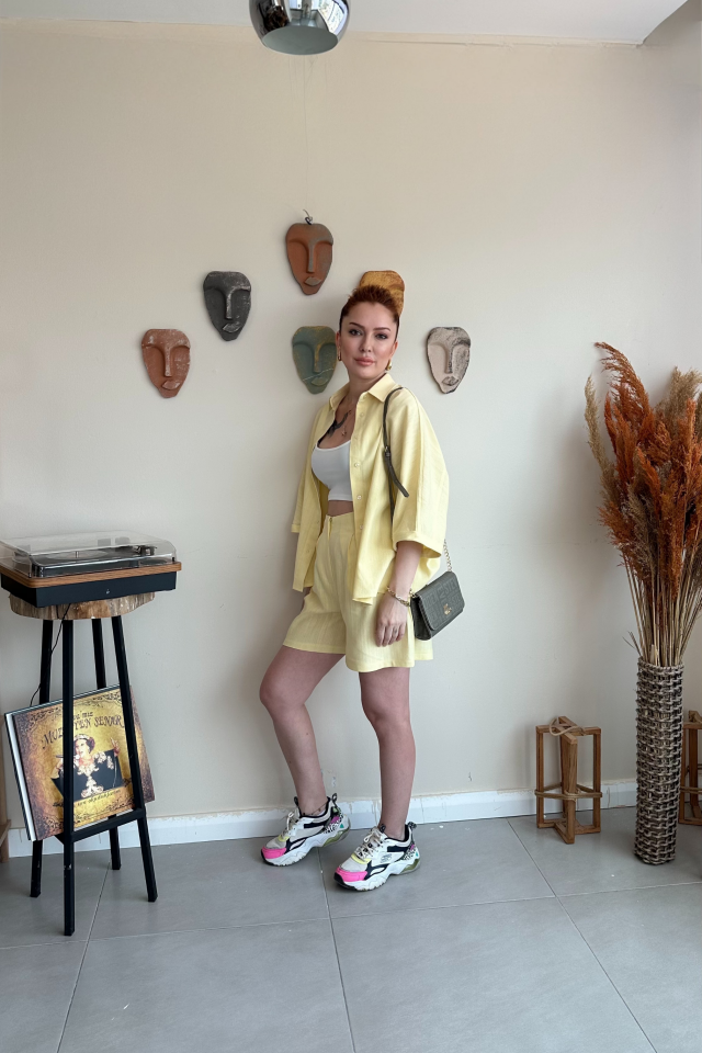 Sarı Keten Şort Takım