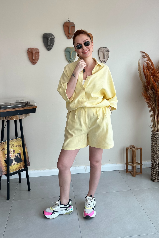 Sarı Keten Şort Takım