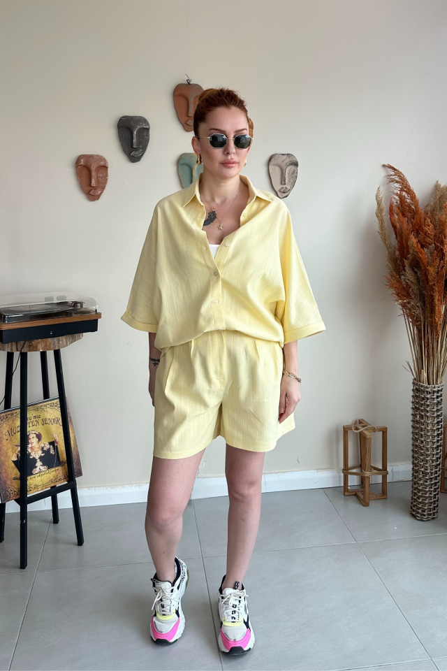 Sarı Keten Şort Takım