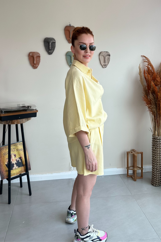 Sarı Keten Şort Takım