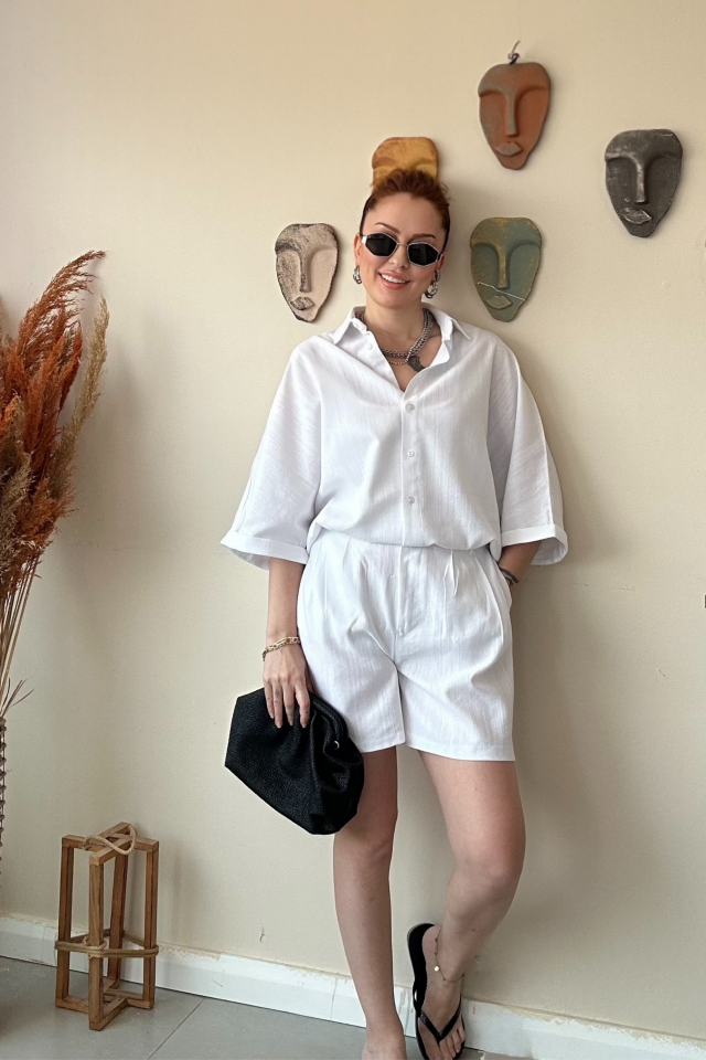 Beyaz Keten Şort Takım