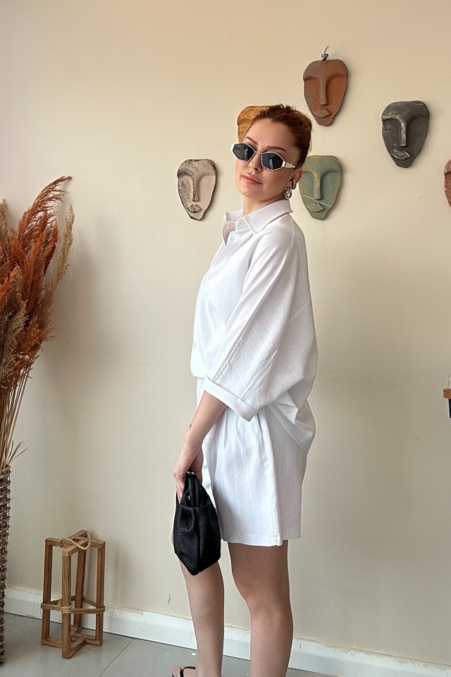 Beyaz Keten Şort Takım