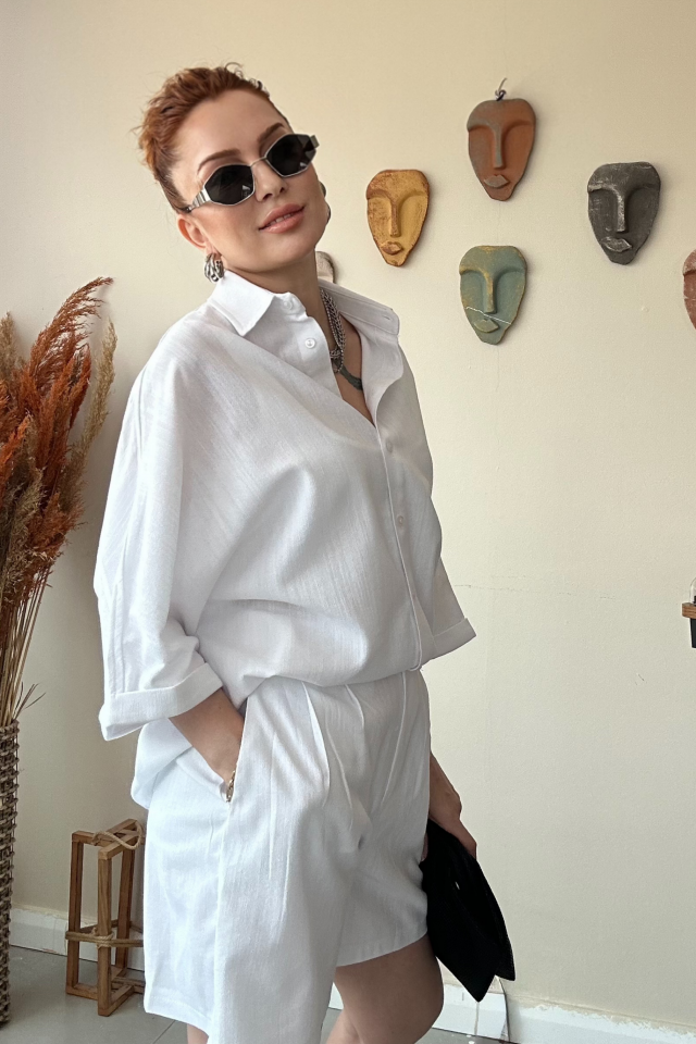 Beyaz Keten Şort Takım