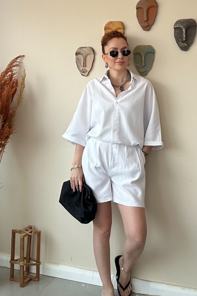 Beyaz Keten Şort Takım