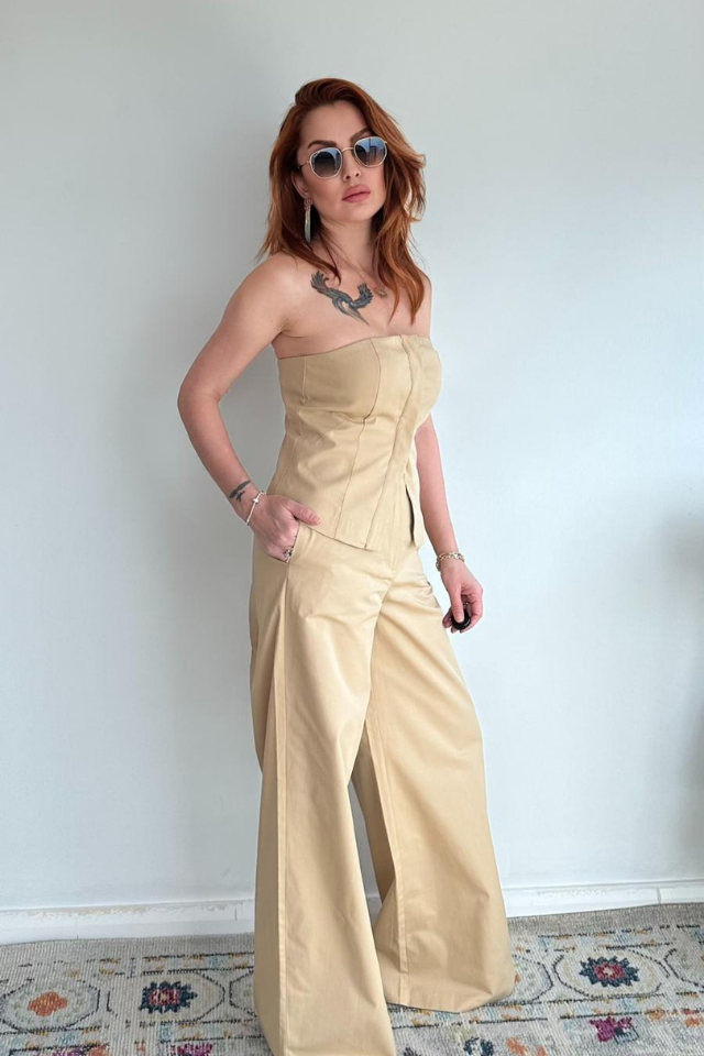 Straplez Büstiyer Pantolon Takım Camel