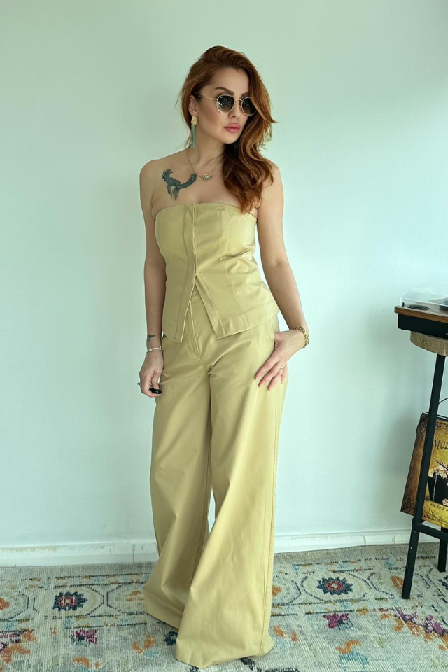 Straplez Büstiyer Pantolon Takım Camel