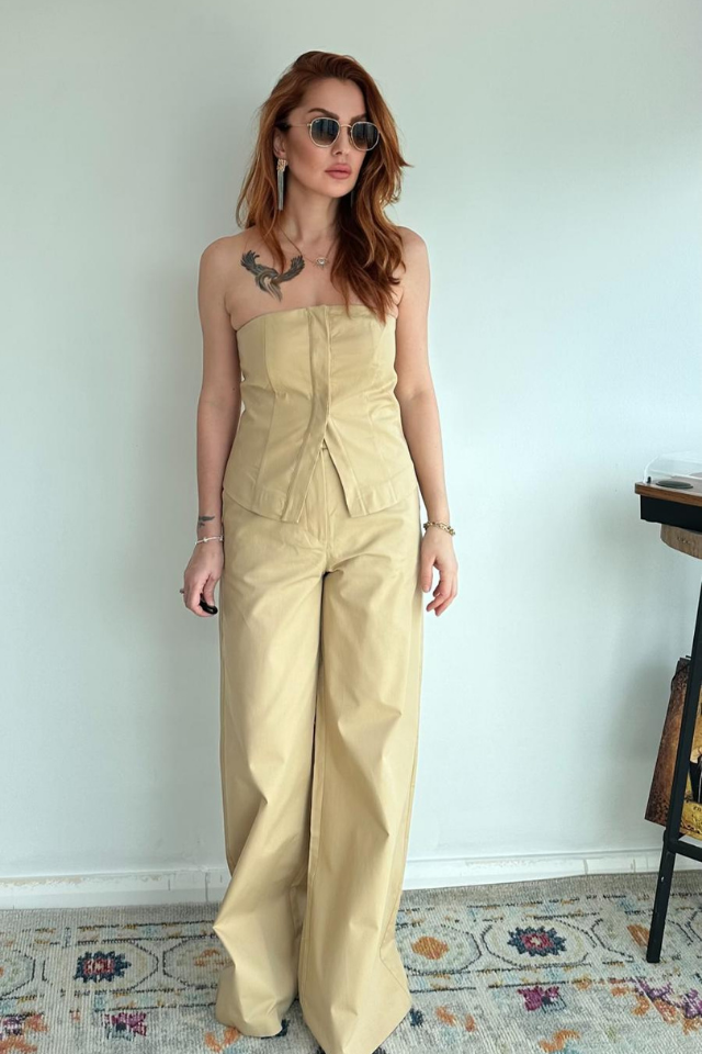 Straplez Büstiyer Pantolon Takım Camel
