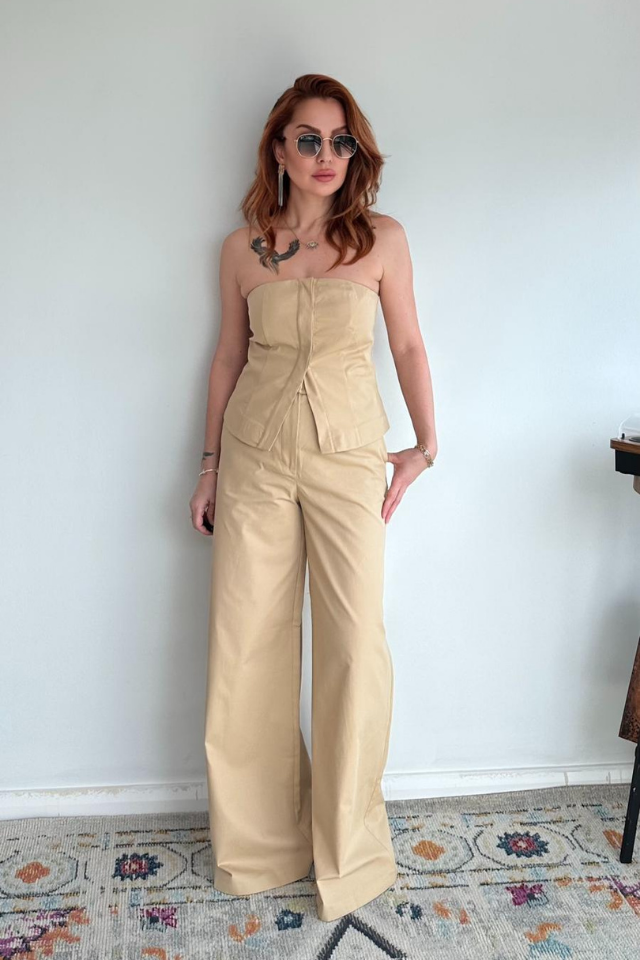 Straplez Büstiyer Pantolon Takım Camel